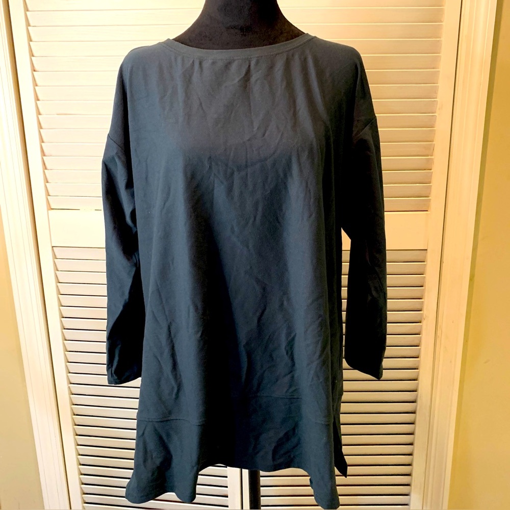 Eileen Fisher Womens XS Green 3/4 Sleeve Bateau Neck Relaxed Box Top Jersey